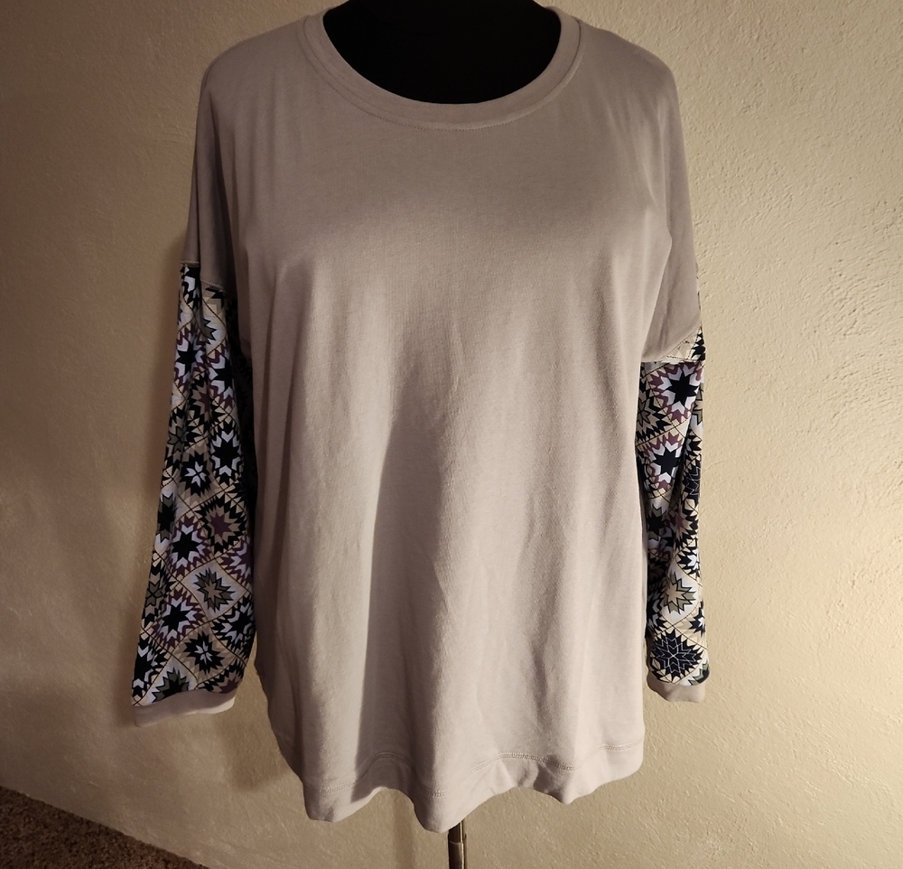 Cotton Bleu Gray Long Sleeve Tee Patchwork Sleeves Size 2X